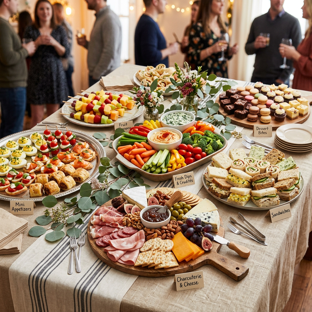 Buffet table with mini appetizers, fruit skewers, dips and crudités, sandwiches, charcuterie and cheese, and dessert bites